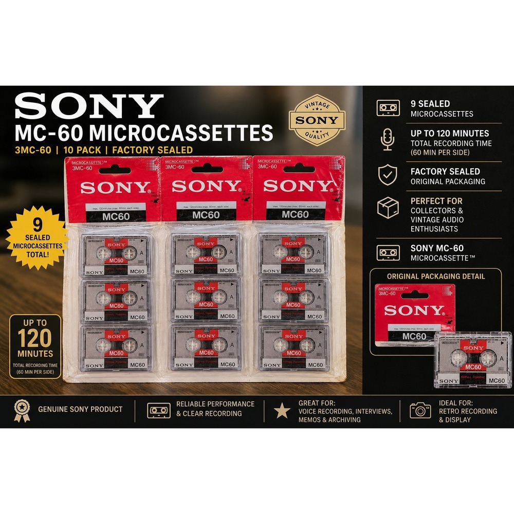 Sony MC60 Microcassette 9-Pack 3MC-60 60 Minute Voice Recording Tapes New Sealed